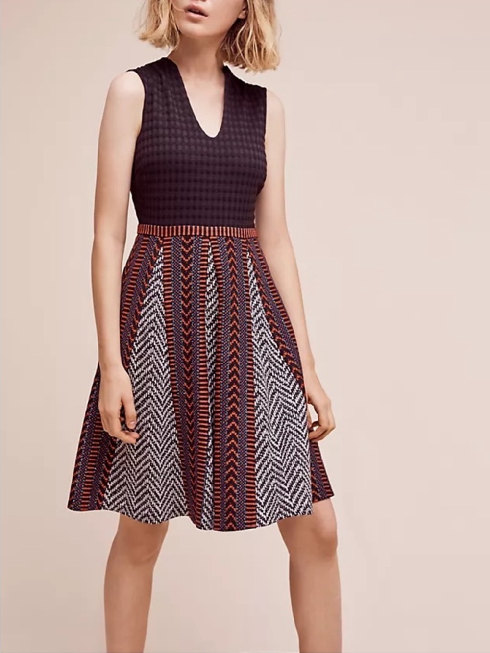 Anthropologie Maeve Fit & Flare Jacquard Dress Black Red Geometric size 6